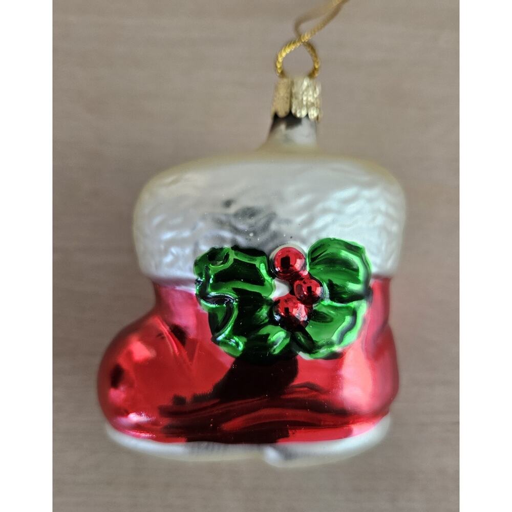 Santa’s Boot With Holly Blown Glass Ornament Czech Republic 3”Hx2.5”Lx1.5”W